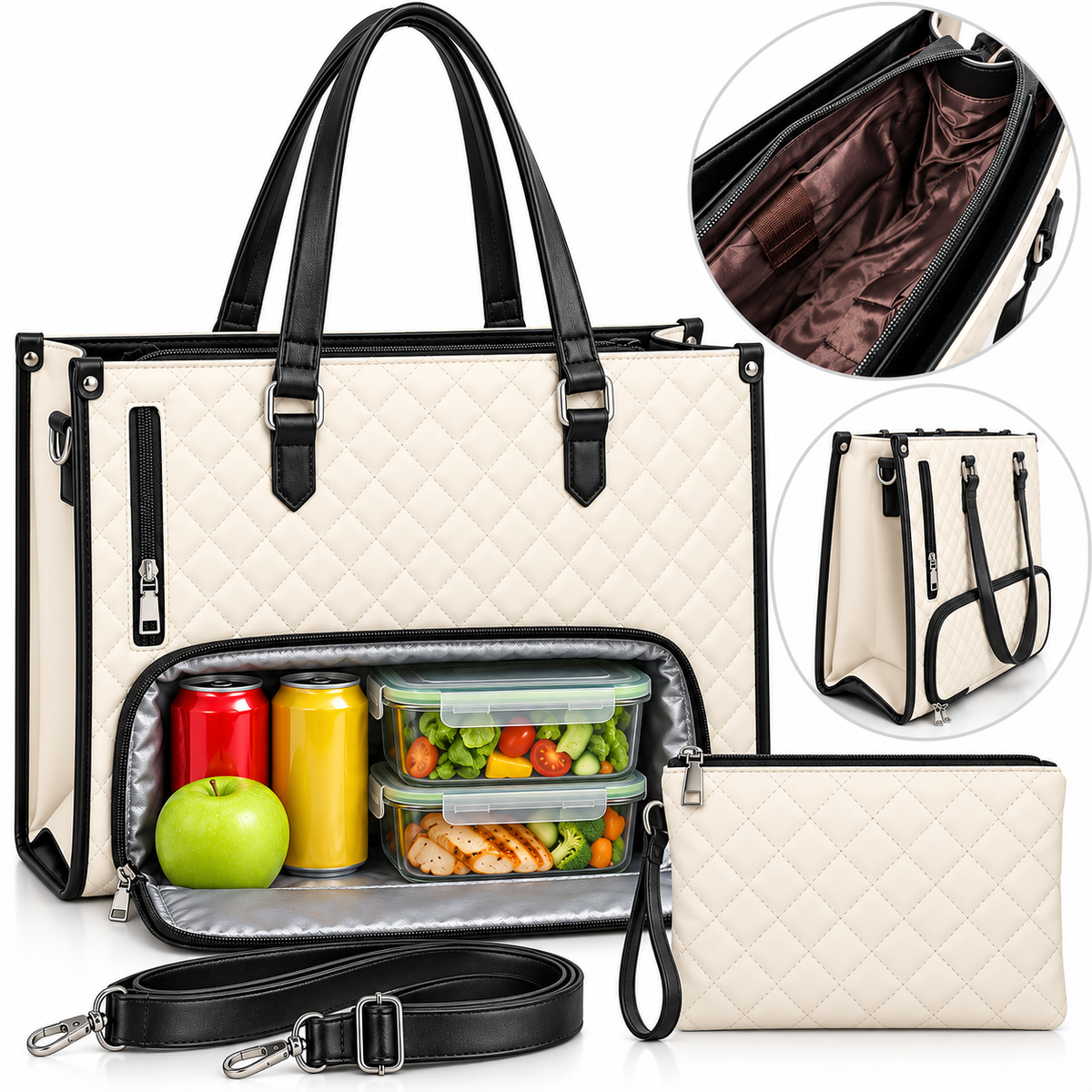 Bolso cartera blanco con negro con compartimento térmico para comida, cosmetiquera y bandolera