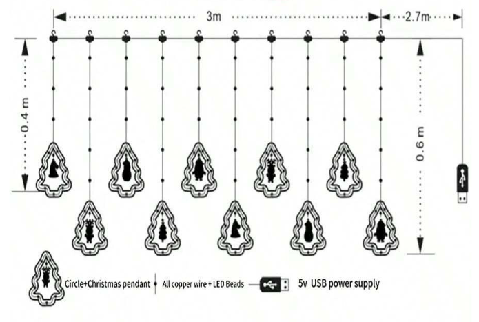 Serie Cascada Pino y Circulo con Personajes De Navidad Color Calido -  4.5 METROS