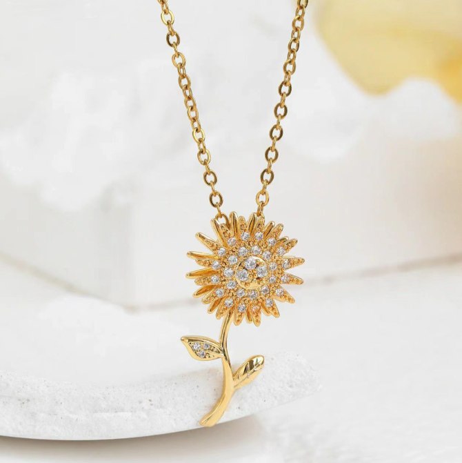 🌻 Collar de Girasol Giratorio + Dedicatoria Día de la Madre