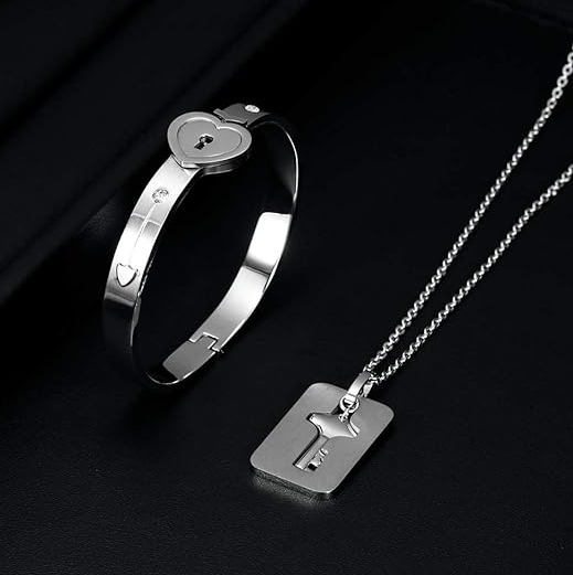 Juego de pulsera con cerradura y llavero para parejas, brazalete de corazón de acero inoxidable
