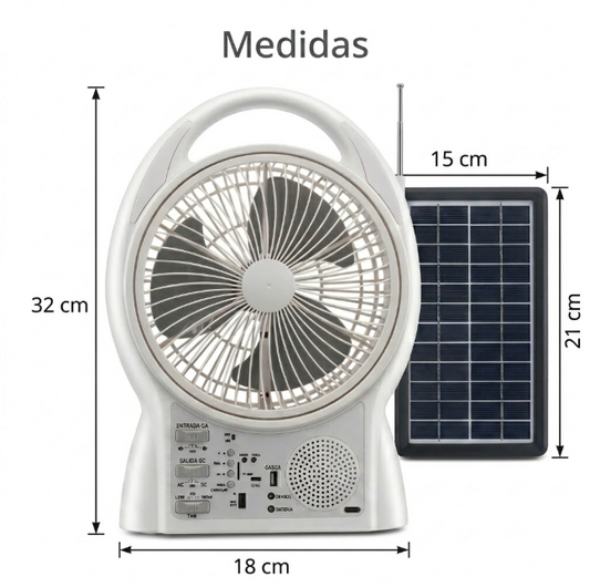Ventilador Portátil Solar ☀️ Multifuncional con Focos LED, Radio y Power Bank ✨
