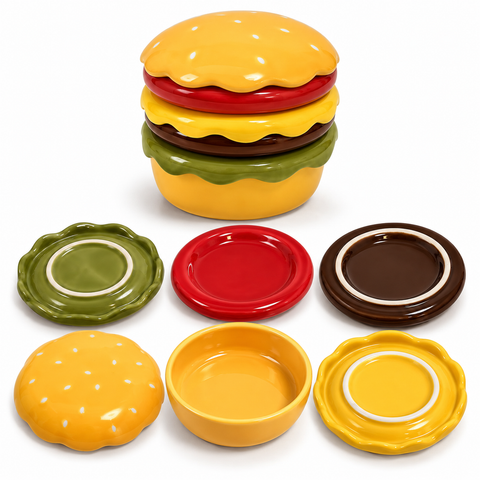 Juego de Platos de Cerámica en Forma de Hamburguesa, 6 Piezas que se Apilan, para Salsas y Botanas