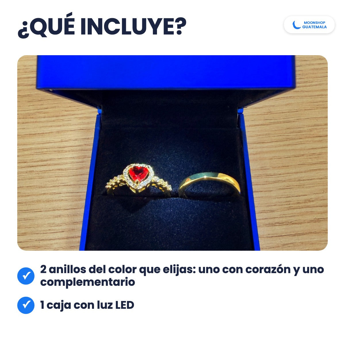 Qué incluyen los anillos para parejas: 2 anillos del color que elijas y 1 caja con luz LED