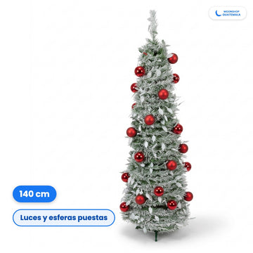 Árbol de Navidad Nevado Desplegable de 140 cm, con Luces y Esferas Rojas ya Puestas