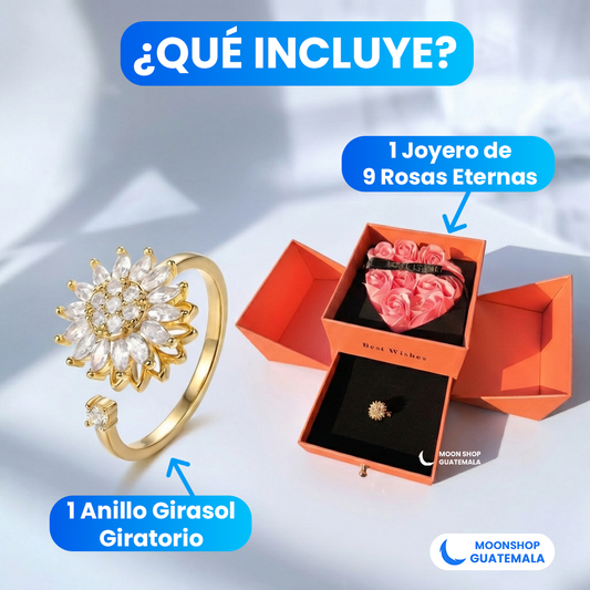 COMBO 💝 Joyero de 9 Rosas Eternas + Anillo Girasol Giratorio 🌻