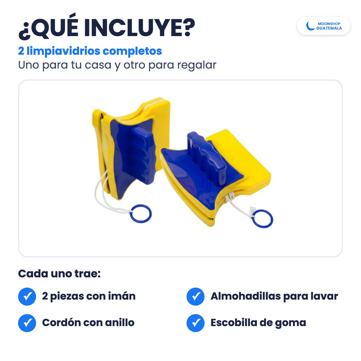 Qué incluye: 2 limpiavidrios magnéticos completos, cada uno con su cordón de seguridad con anillo