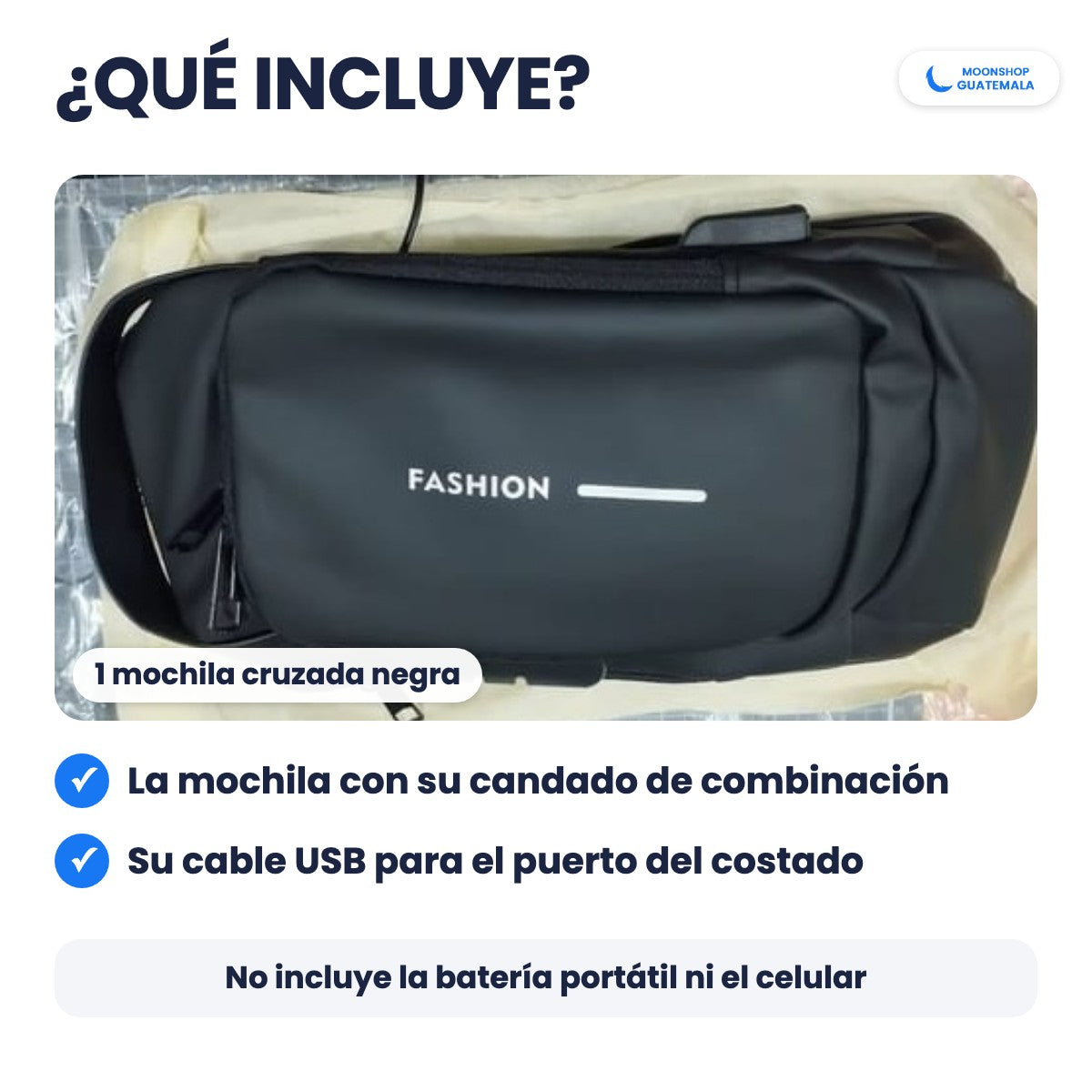 Qué incluye la mochila antirrobo: la mochila con su candado de combinación y su cable USB; no incluye batería portátil