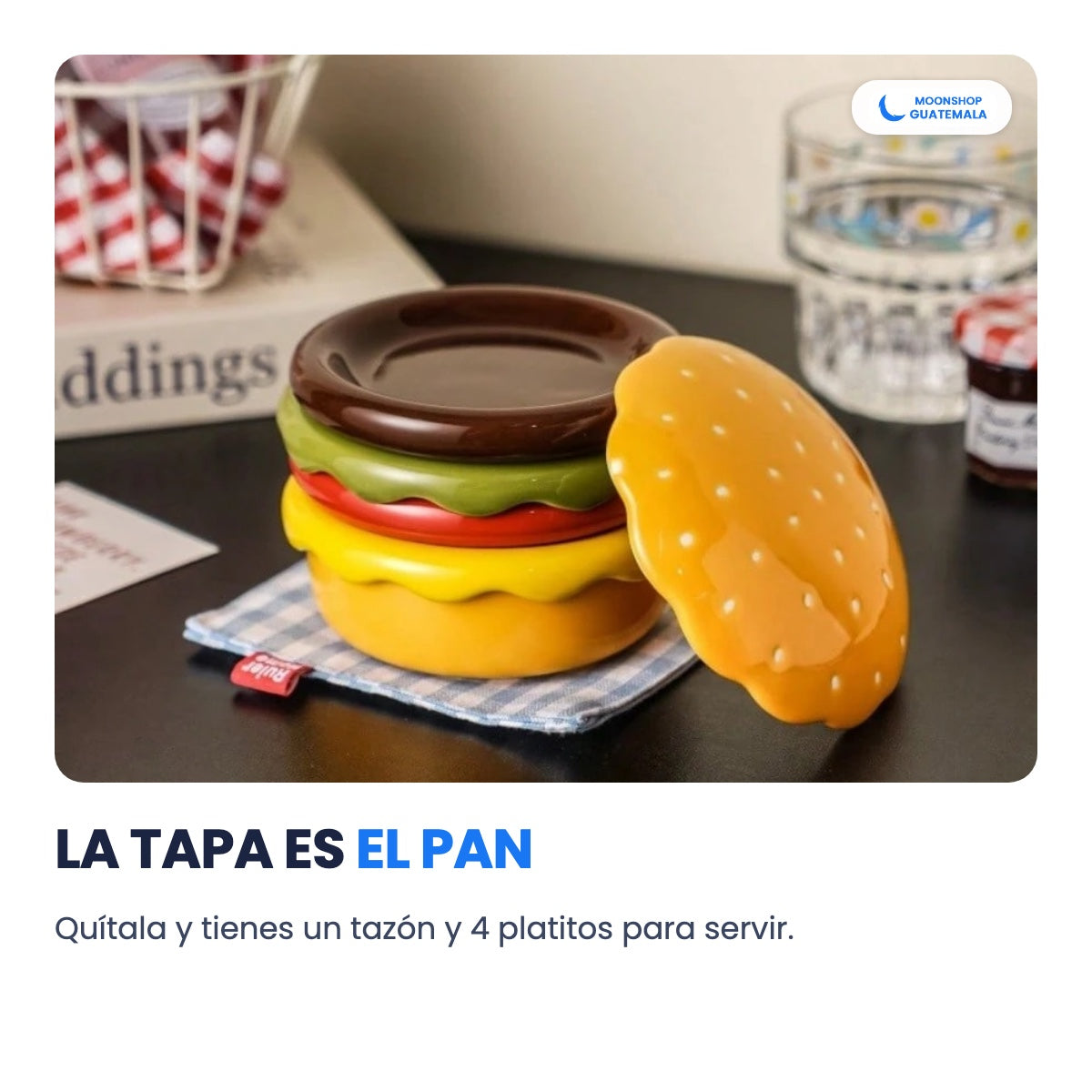 La tapa del juego de platos es el pan de la hamburguesa: se quita y quedan el tazón y los platitos