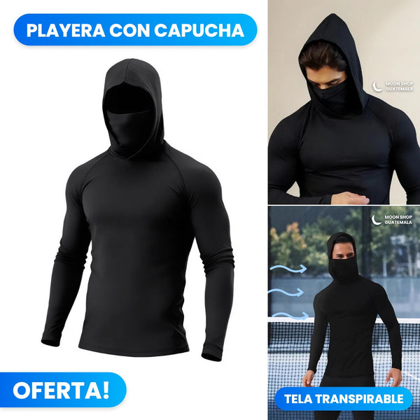 Playera negra con capucha y mascarilla, lisa, y un modelo usándola para hacer deporte: tela transpirable