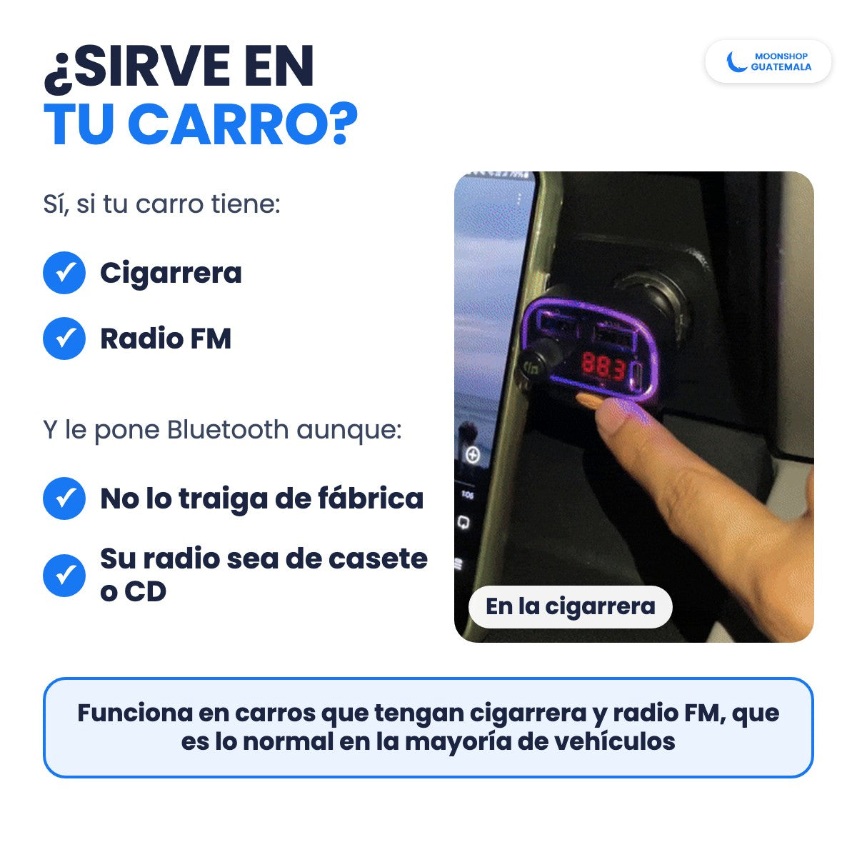 El transmisor Bluetooth sirve en carros con cigarrera y radio FM, aunque no traigan Bluetooth o tengan radio de casete o CD