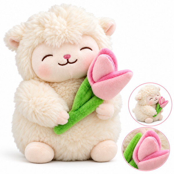 Corderito de Peluche con Tulipán Rosado, Color Crema, Suave y de 27 cm de Alto, para Regalar