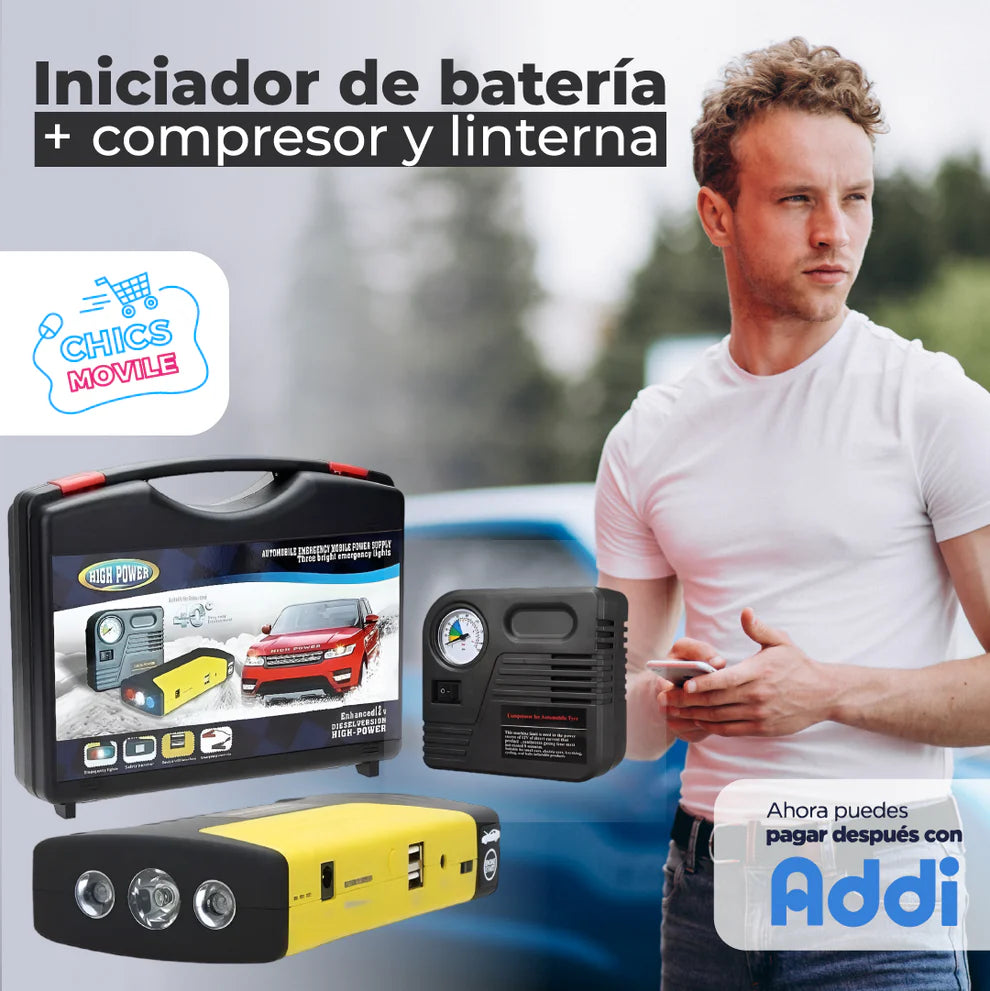 Iniciador Batería De Carro (JUMPER) Y Mini Compresor Infla Llantas 🔋🚘🏍️