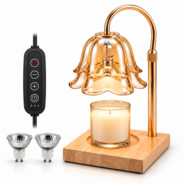 Lámpara Calentadora de Velas sin Llama, con Pantalla de Vidrio Ámbar en Forma de Flor
