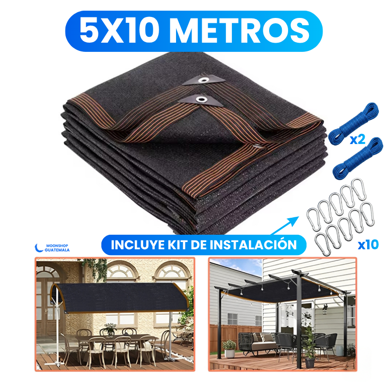 Malla sombra sarán de 5x10 metros con kit de instalación de 2 cuerdas y 10 ganchos mosquetón