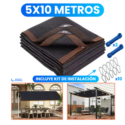 Malla sombra sarán de 5x10 metros con kit de instalación de 2 cuerdas y 10 ganchos mosquetón