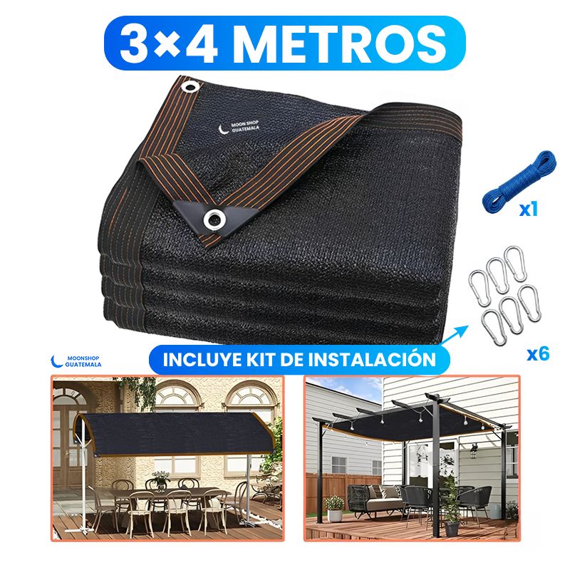 Malla sombra sarán de 3x4 metros doblada, con el kit de instalación de 1 cuerda y 6 ganchos mosquetón