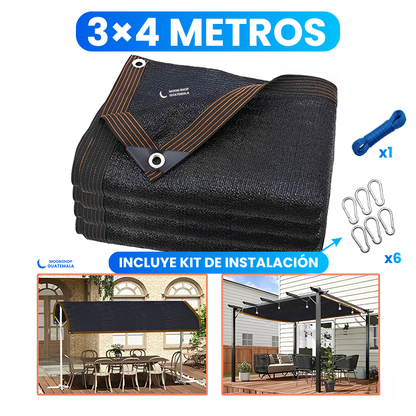Malla sombra sarán de 3x4 metros doblada, con el kit de instalación de 1 cuerda y 6 ganchos mosquetón