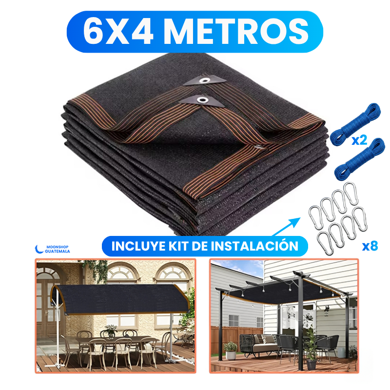 Malla sombra sarán de 6x4 metros con kit de instalación de 2 cuerdas y 8 ganchos mosquetón