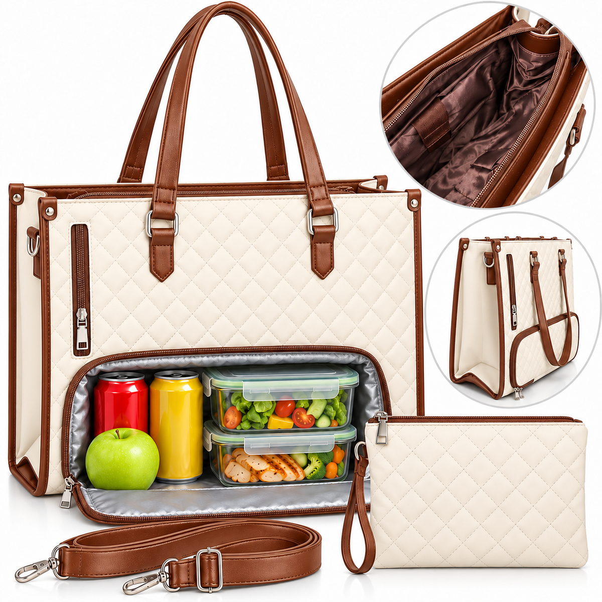 Bolso cartera blanco con café con compartimento térmico para comida, cosmetiquera y bandolera
