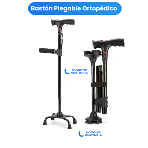 Bastón Plegable Ortopédico con Doble Mango, Alarma y Base Autónoma