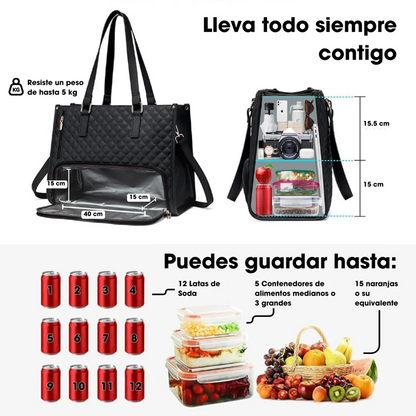 Bolso 3 en 1 con Compartimento Térmico para Comida ✨ Interior Impermeable + Cosmetiquera GRATIS