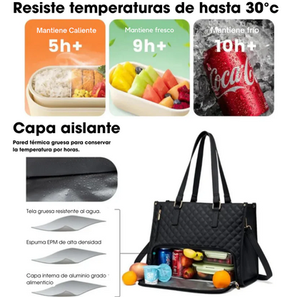 Bolso 3 en 1 con Compartimento Térmico para Comida ✨ Interior Impermeable + Cosmetiquera GRATIS