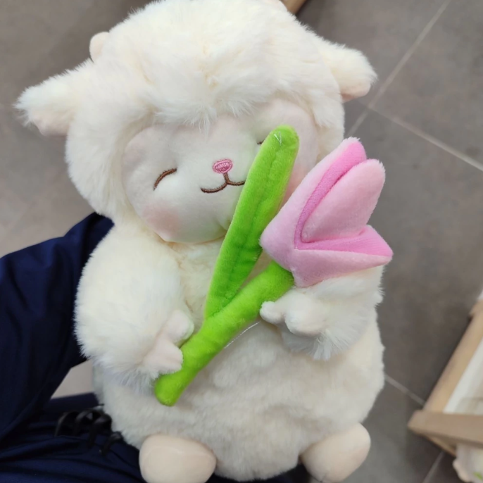 Corderito con Tulipán - Peluche de Cordero, Suave y Lindo