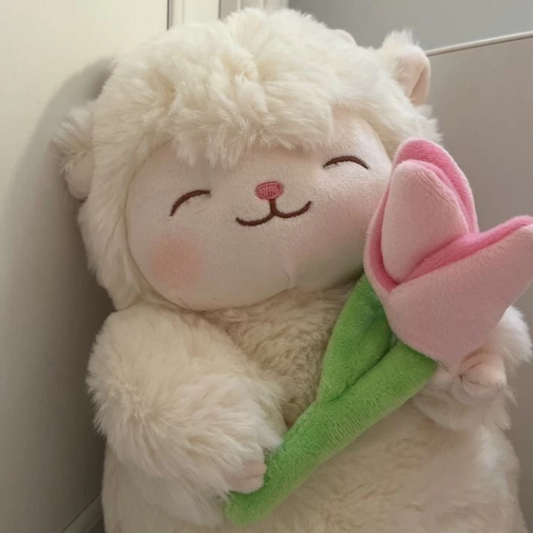 Corderito con Tulipán - Peluche de Cordero, Suave y Lindo