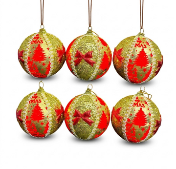6 Esferas de Navidad Doradas con Rojo, Forradas en Tela con Escarcha y Lazo para Colgar