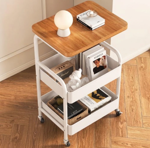 Carrito Organizador de 3 Niveles con Ruedas y Tapa de Madera