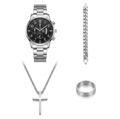 Set de Reloj para Hombre con Pulsera, Collar  y Anillo –  Plateado