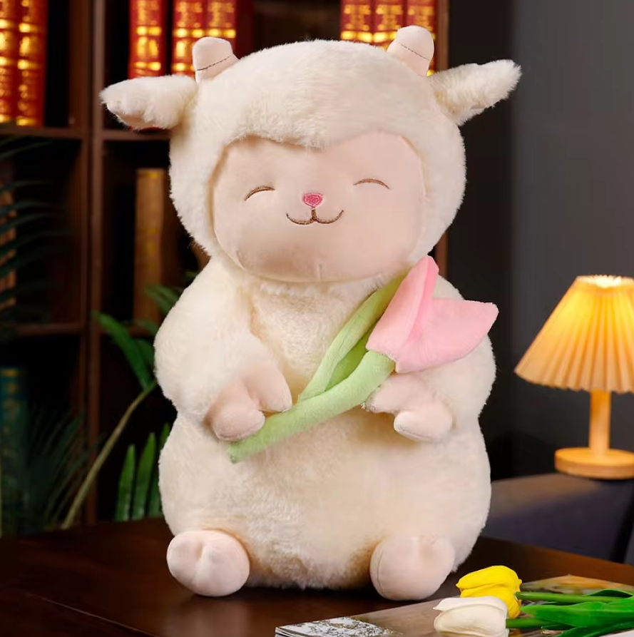 Corderito con Tulipán - Peluche de Cordero, Suave y Lindo
