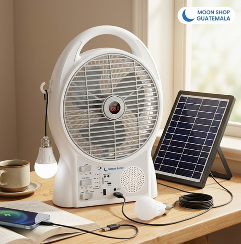 Ventilador Portátil Solar Recargable con Focos LED y Radio