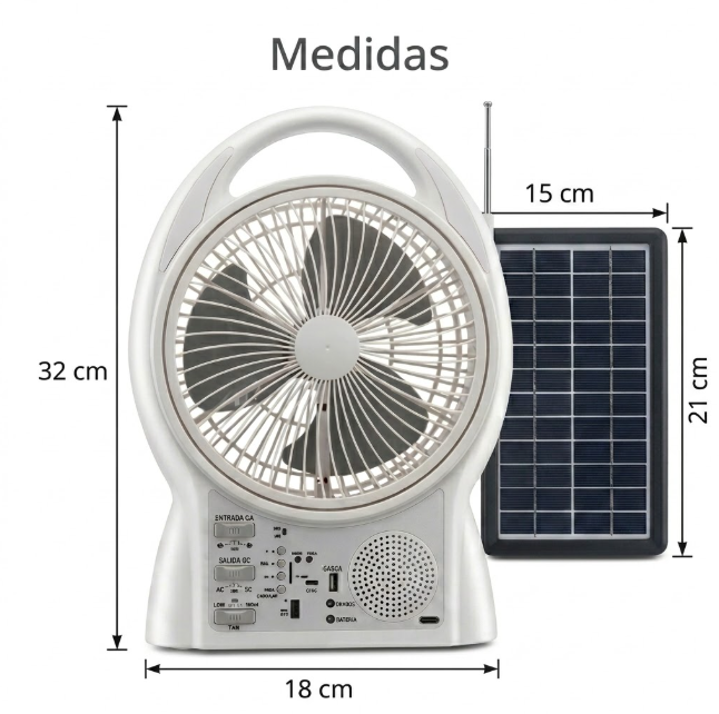 Ventilador Portátil Solar ☀️ Multifuncional con Focos LED, Radio y Power Bank ✨