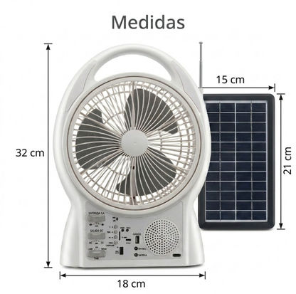 Ventilador Portátil Solar ☀️ Multifuncional con Focos LED, Radio y Power Bank ✨