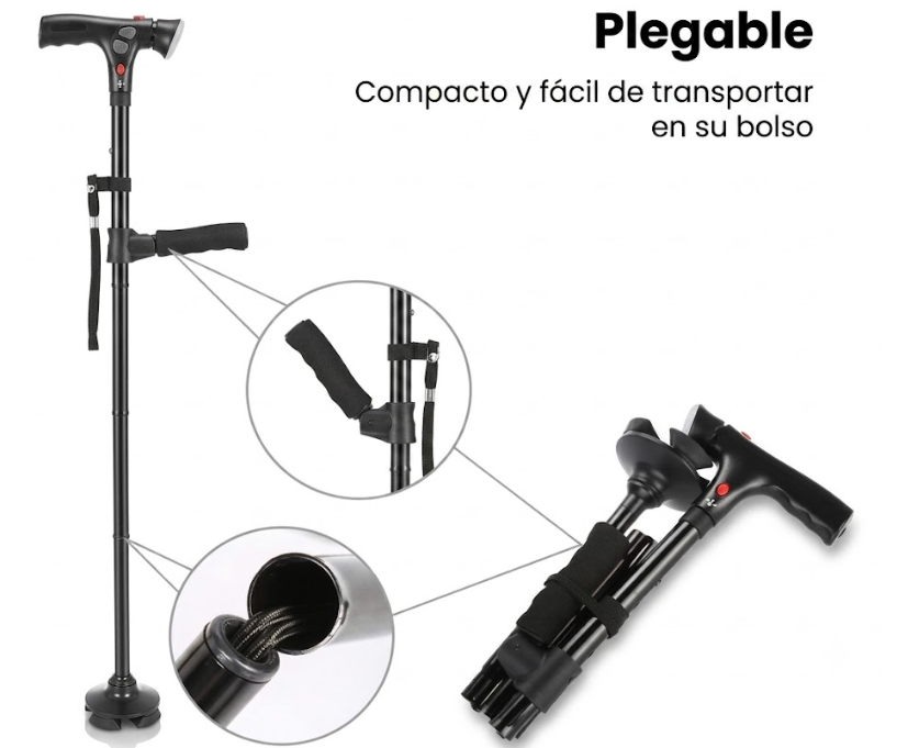 Bastón Plegable Ortopédico con Doble Mango, Alarma y Base Autónoma