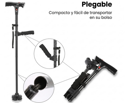 Bastón Plegable Ortopédico con Doble Mango, Alarma y Base Autónoma