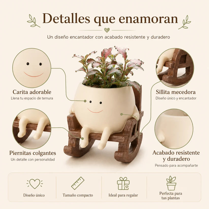 Detalles de la maceta carita feliz: carita sonriente, piernitas colgantes y base de silla mecedora