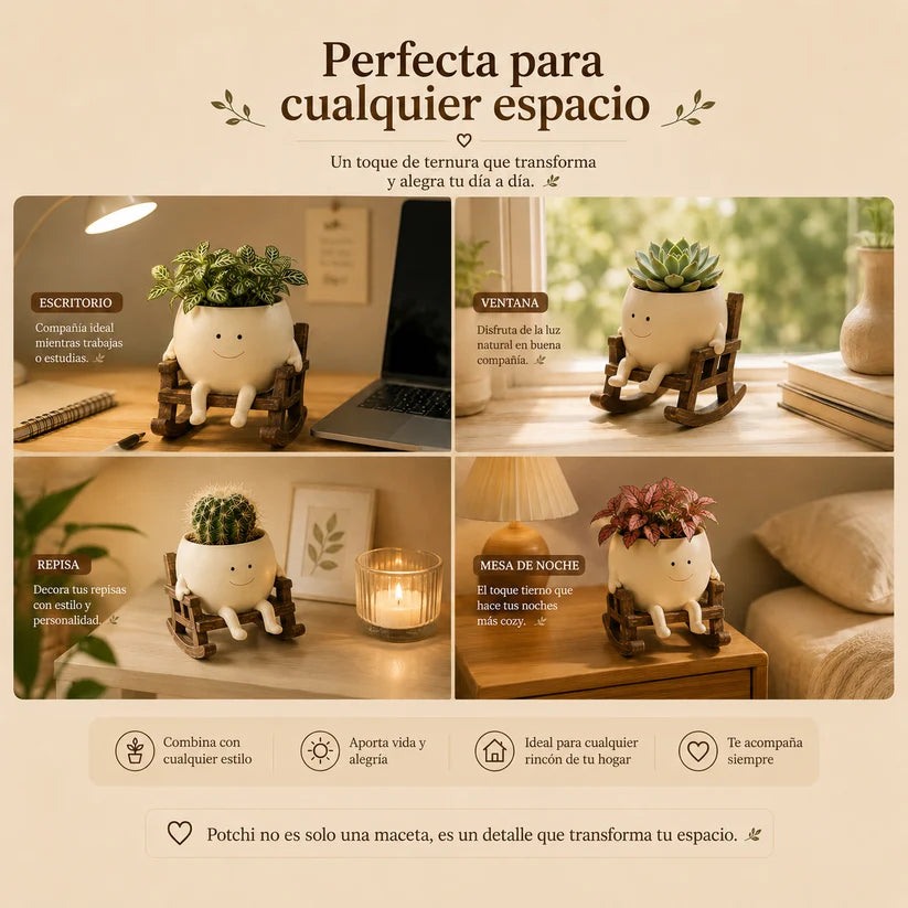 Maceta carita feliz en cuatro espacios de la casa: escritorio, ventana, repisa y mesa de noche