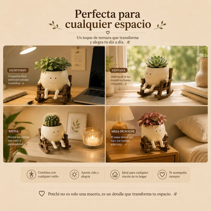 Maceta carita feliz en cuatro espacios de la casa: escritorio, ventana, repisa y mesa de noche