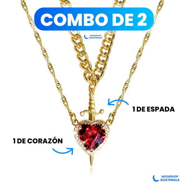 Set de dos collares: corazón rojo con marco dorado y espada dorada