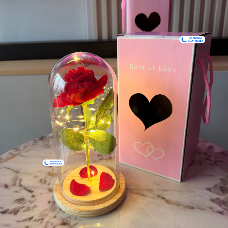 Rosa Eterna de la Bella y la Bestia en Cúpula de Cristal con Luces LED y Base de Madera, foto 1