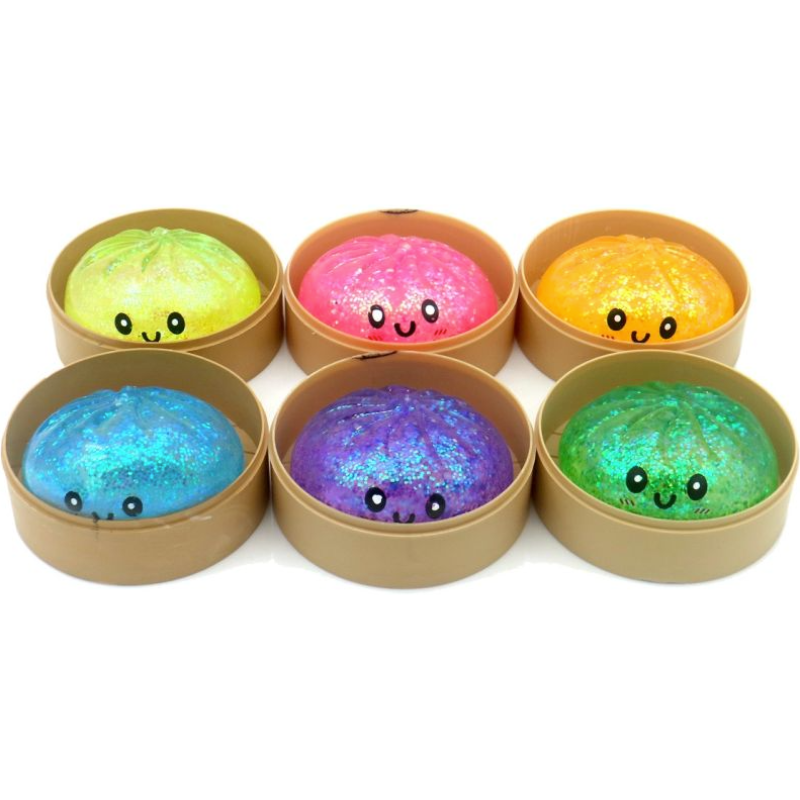 Squishy dumplings con brillantina en seis colores: amarillo, rosado, naranja, celeste, morado y verde