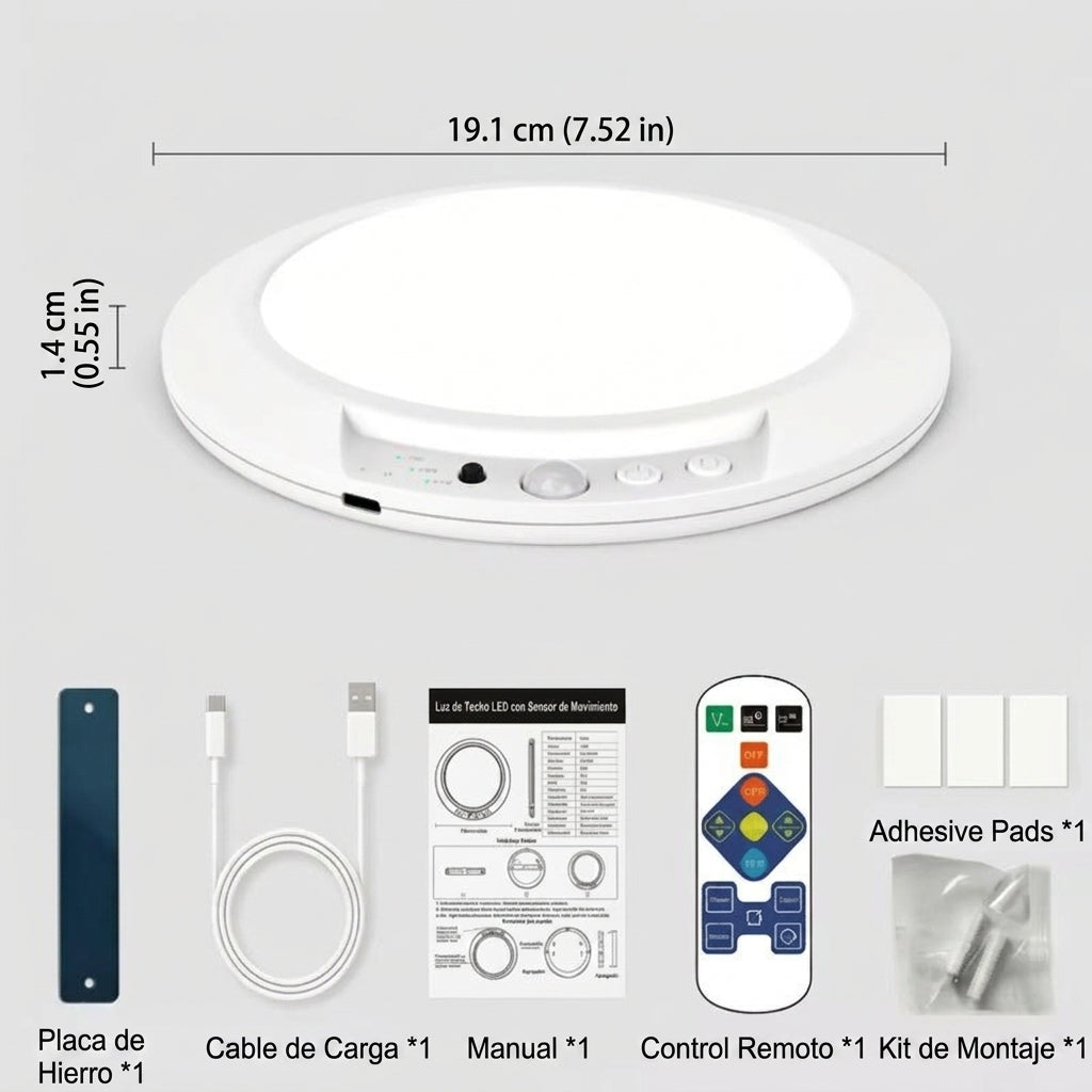 Medidas de la lámpara de techo: 19.1 cm de diámetro y 1.4 cm de alto, con la placa de hierro, el cable y el control remoto