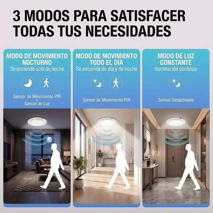 Los tres modos de la lámpara: movimiento solo de noche, movimiento todo el día y luz constante con el sensor apagado