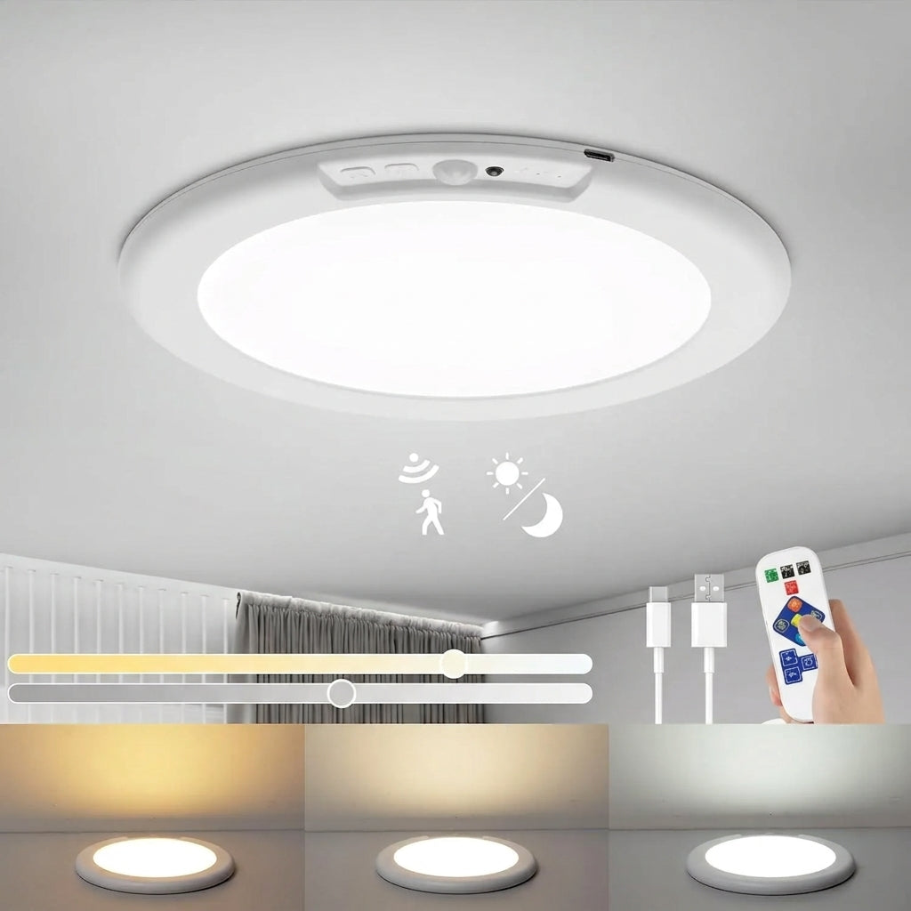Lámpara de techo LED con sensor de movimiento puesta en el techo, con su control remoto, cable de carga y tres tonos de luz