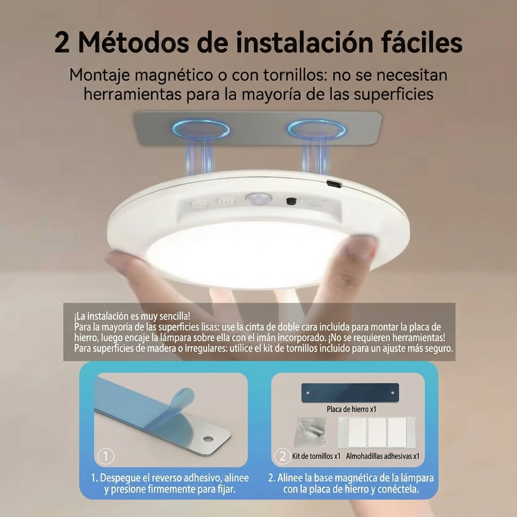 Las dos formas de instalar la lámpara de techo: pegada con la placa magnética de doble cara o fijada con el kit de tornillos