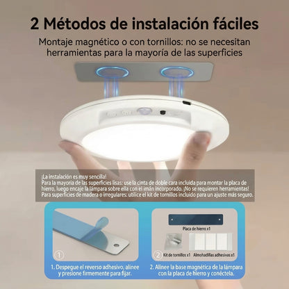 Las dos formas de instalar la lámpara de techo: pegada con la placa magnética de doble cara o fijada con el kit de tornillos