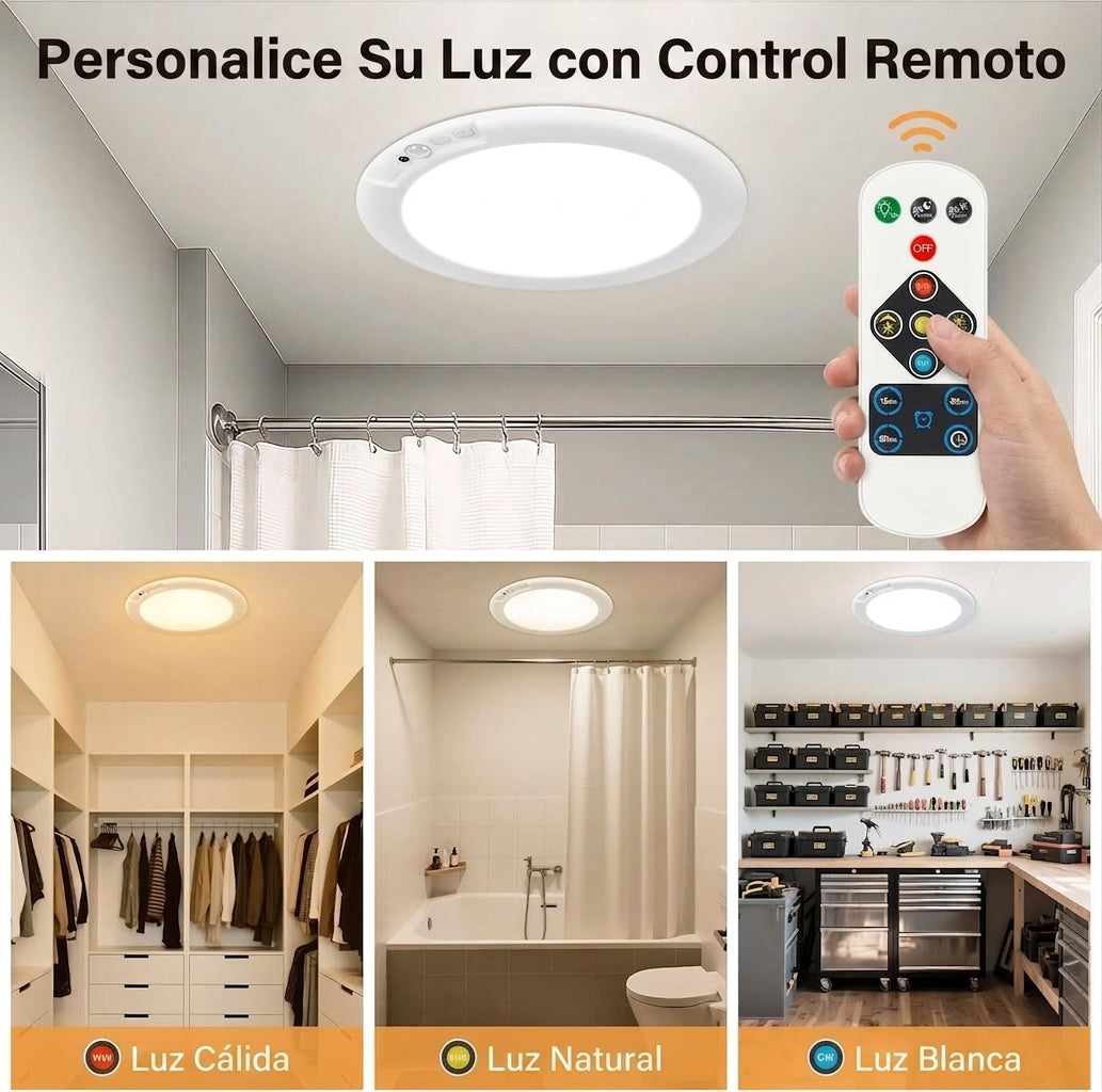 Control remoto de la lámpara de techo para elegir entre luz cálida, luz natural y luz blanca en clóset, baño y taller