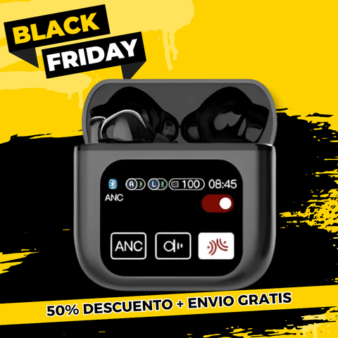Audífonos PRO inalámbricos con estuche de pantalla táctil en negro